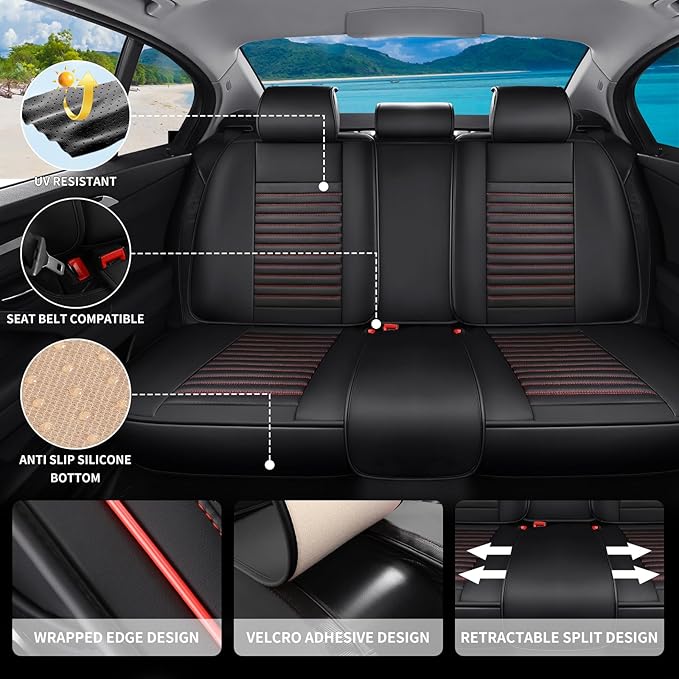Car Seat Covers Full Set Fit for Toyota Camry 2001-2026, Premium Faux Leather Car Seat Protector,Breathable Anti-Slip Full Wrapping Edge Seat Covers(Black&Red,Full Set)