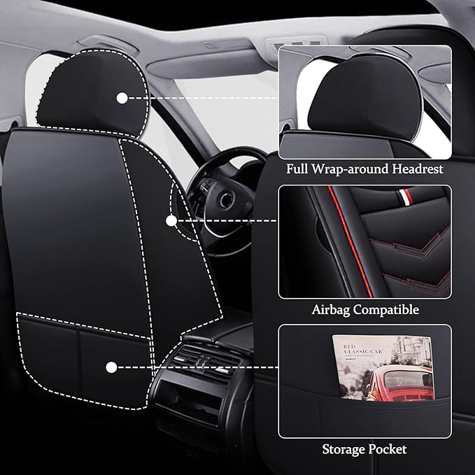 Car Seat Cover for Ford Explorer 2000-2025, Waterproof Durable Compatible Airbag, Premium Leather Seat Protector(2 Seats Luxury,Black Red)