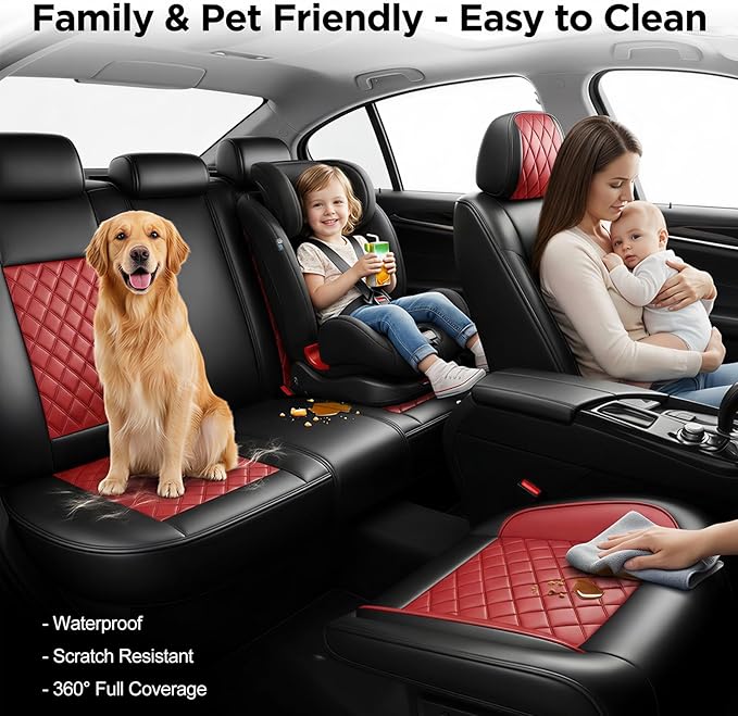 Santa Fe Seat Covers Custom Fit for Hyundai Santa Fe 2007-2026 (Only 5-Seat Version) - Full Set Premium Leather, Waterproof, All-Weather, Airbag Compatible, Only 2 Front seat Covers (Red)