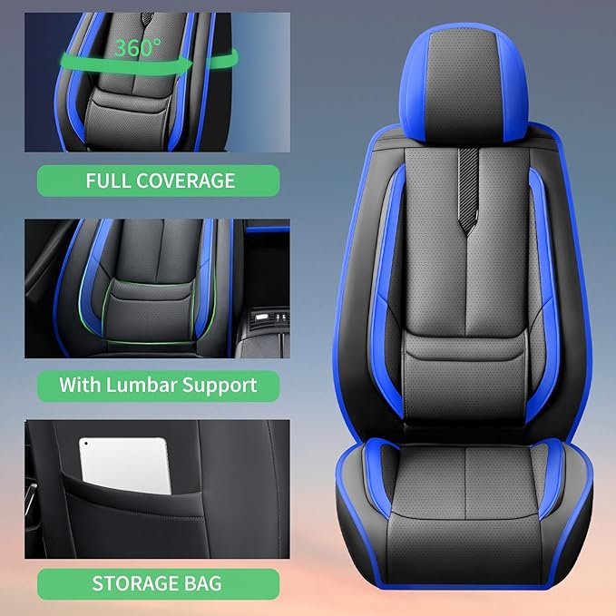 Fit Santa Fe Car Seat Covers (5 Seats) for Select Hyundai Santa Fe 2007-2025 2026 - Full Coverage Leather,Airbag Compatible, Waterproof & All Weather Seat Cushion Protector,Full Black-Blue