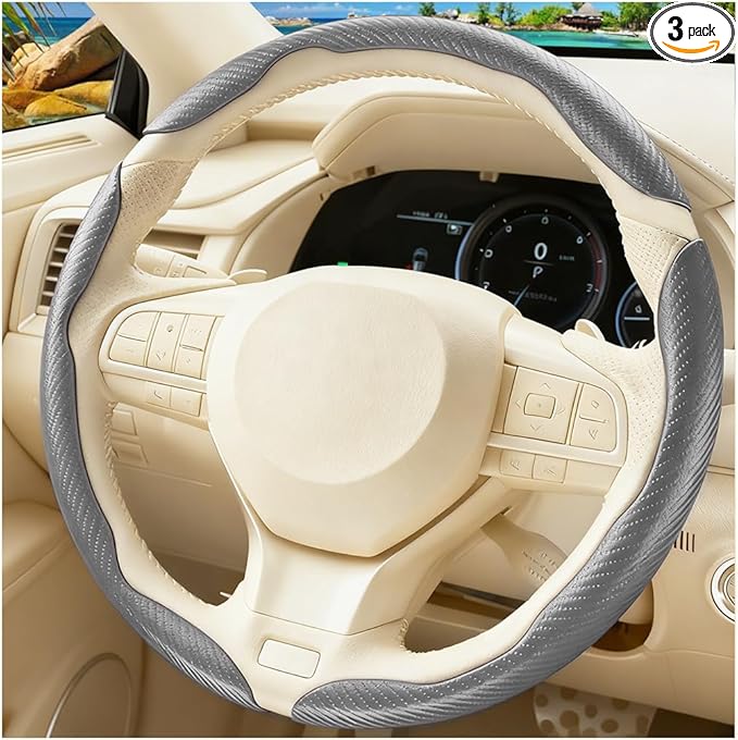 3PCS Carbon Fiber Car Steering Wheel Cover, Leather Segmented Anti-Skid Steering Wheel Protector, Snap on Automotive Interior Protection Accessories, Universal for Vehicles (Gray)