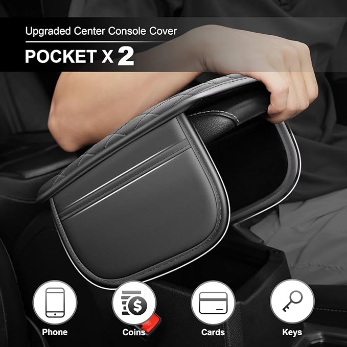 Upgraded Car Center Console Cover Fit for Corolla Faux Leather Car Armrest Cover Cushion with 2 Storage Bags,Car Armrest Storage Box Interior Accessories(Grey&Whiteline)
