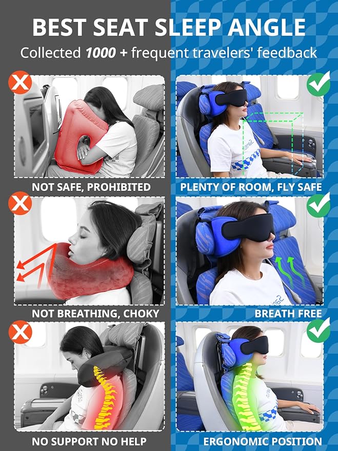 Travel Pillows for Airplanes, Airplane Pillow for Long Flight Car Road Trip, Airplane Head Strap with Sleep Eye Mask, 360° Support Headrest, Stop Bobblehead Travel Neck Pillow, Mottled Black