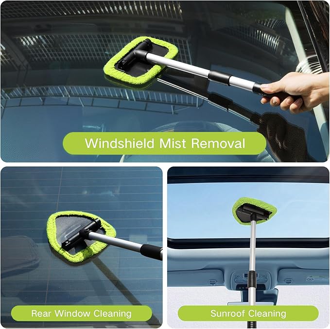 Qydipclin 10pcs Windshield Cleaner Tool, Car Window Cleaning Wash Kit with 4 Reusable Microfiber Pads 1 Spray Bottle and Extendable Handle Auto Glass Wiper Kit, Blue&Green