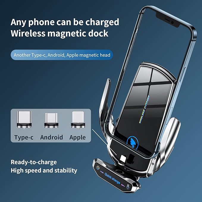 Wireless Car Charger Mount 15W Fast Charging Auto Clamping Automotive Electric Induction Car Phone Holder Mount Car Wireless Charger Air Vent Car Phone Mount Compatible with All Android (Black)