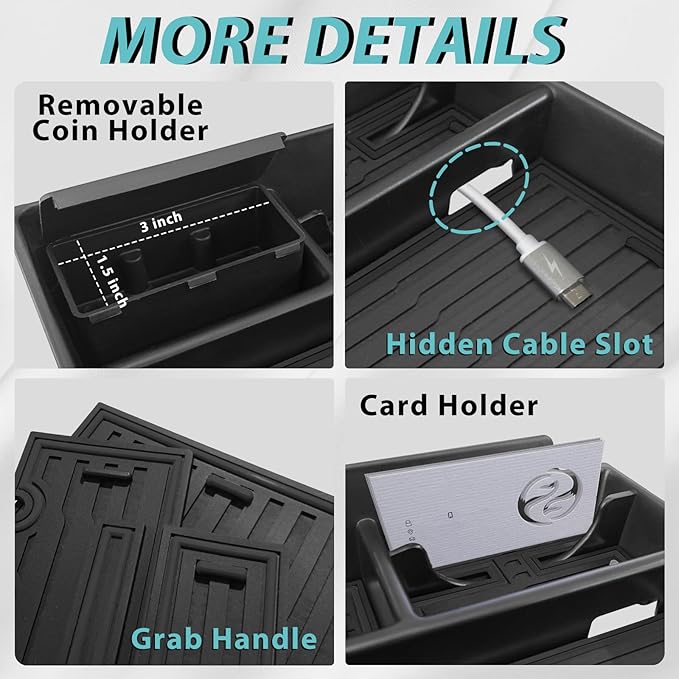 BestEvMod Center Console Organizer Tray Compatible with 2022-2025 2026 Rivian R1T/R1S Removable Coin Holder Armrest Storage Box ABS Material with PVC Trim Accessories (V3 Black)