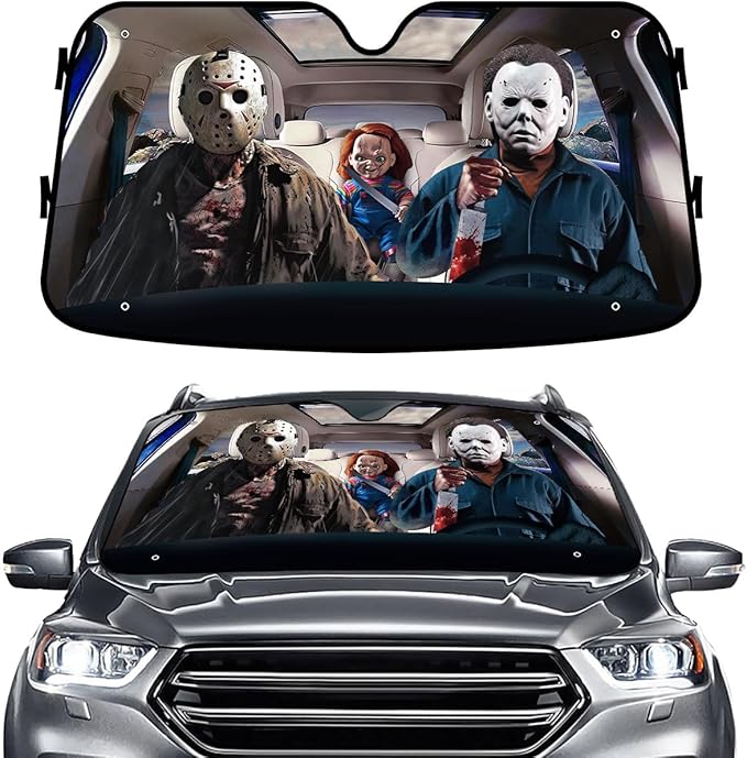 GENANY Horror Movie Character Windshield Sun Shade for Car SUV Truck (64x32 inches), Sun Shade Windshield for Windows, Protector Blocks UV, Halloween Car Decor
