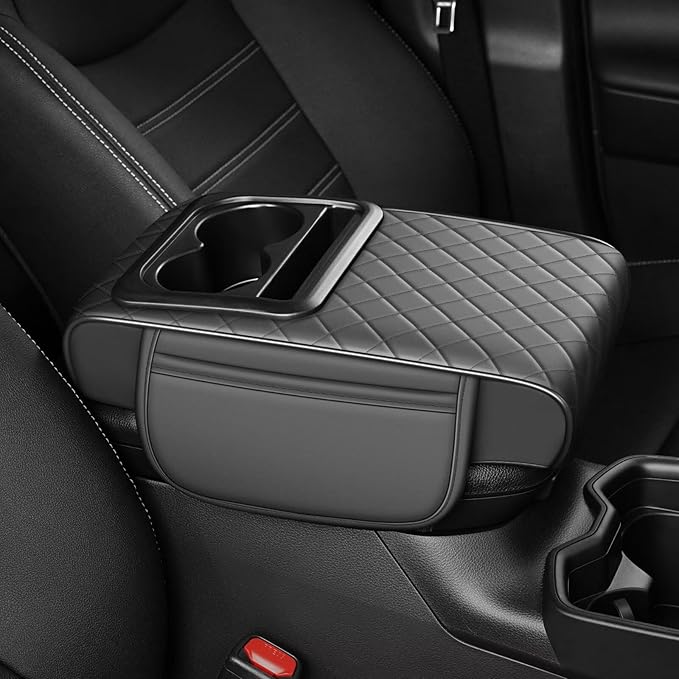Center Console Cover Fit for Highlander Faux Leather Car Armrest Cushion with Storage Bags, Cup Holder ＆ Phone Storage Multifunctional Middle Console Cover(Grey)
