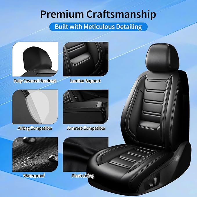 Fit CX-7 Car Seat Covers (Front Pair) for Select Mazda CX7 2006-2012, Premium Full Coverage Leather, Airbag Compatible, Waterproof All Weather Breathable Seat Protector, Black