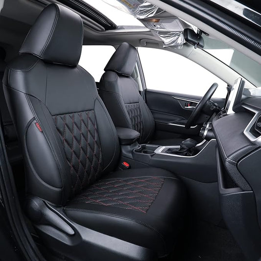 coverdream Rav4 Waterproof Leather Seat Covers Custom Fit for 2019-2024 2025 Toyota Rav4 Hybrid (Not for XSE/SE/Plug-in Hybrid),Full Coverage,Airbag Compatible,Car Seat Protector(Full Set,Red/Black)