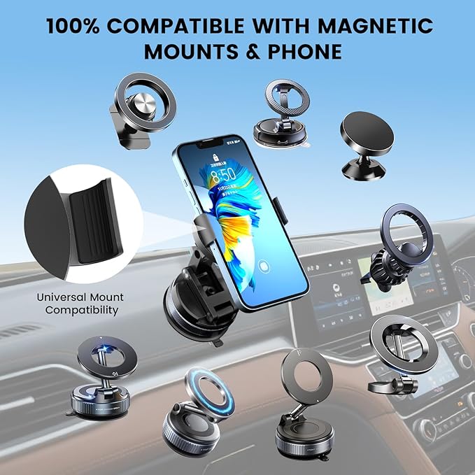 Phone Clamp for Magnetic Car Phone Holder, Aviation Aluminum Grey - No Magnetic Case & Rings Needed, Enhanced Suction & Magnetic, Compatible with All Magnetic Holders