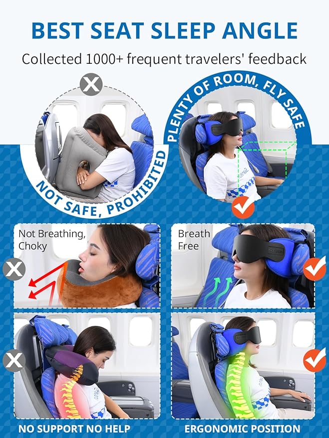 Travel Pillows for Airplanes, Airplane Pillow for Long Flight, Airplane Head Strap with Sleep Eye Mask, 360° Headrest for Car Trip, Stop Bobblehead, Mottled Grey