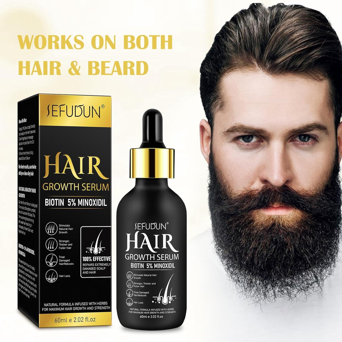 2Pack 5% Minoxidil for Men and Women Hair Growth Serum, Biotin Infused Hair Regrowth Treatment for Beard & Scalp Hair Loss & Thinning, Promotes Thicker, Fuller, Healthier Hair - 4.04 oz