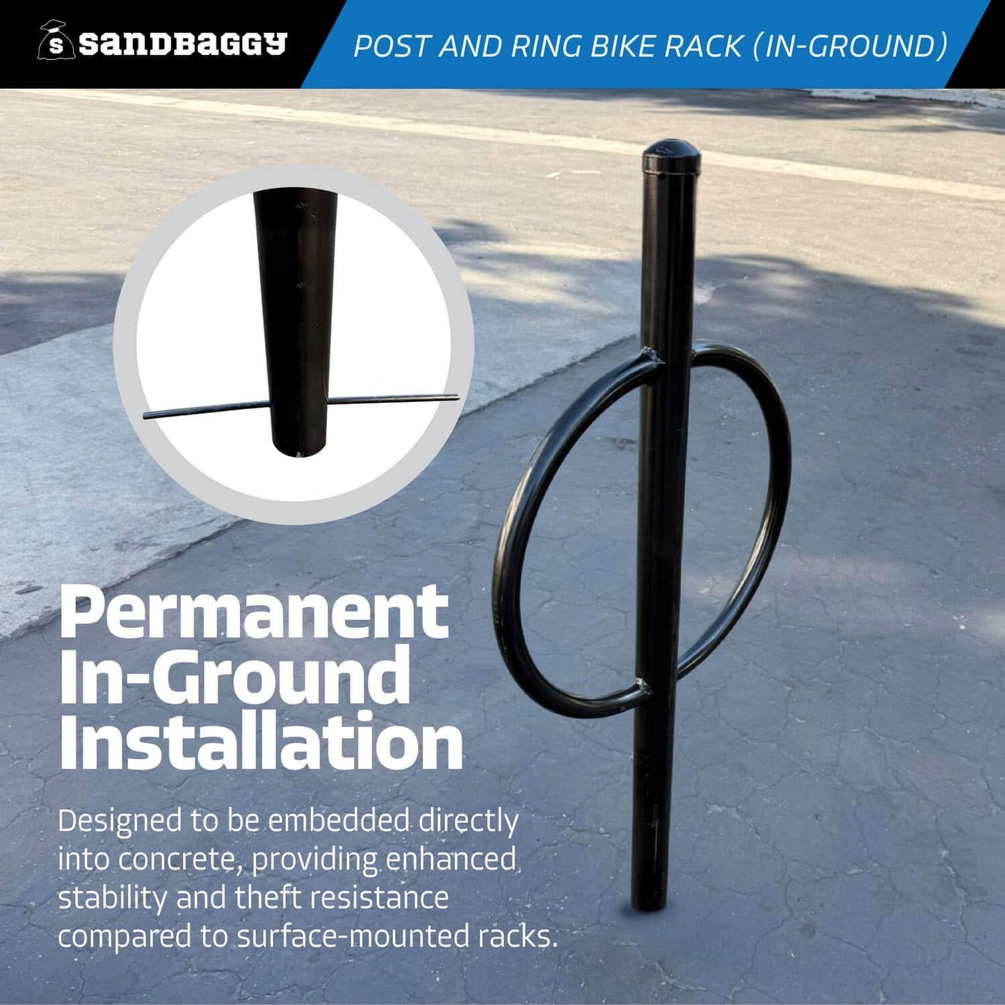 Sandbaggy Post and Ring Rack - In Ground - Commercial Outdoor Bike Parking & Storage Racks (Gray, 1)