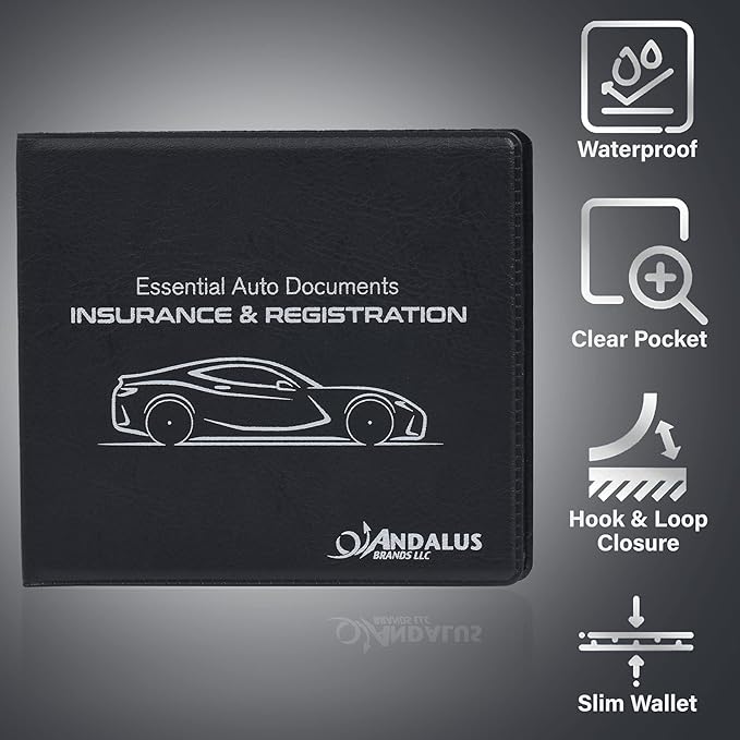 Andalus Auto Registration & Insurance Card Holder Pack of 2, Waterproof Essential Car Registration Holder with Hook & Loop Closure, Perfect for Every Vehicles Glove Boxes (Black - 5 1/8" x 4 5/8")