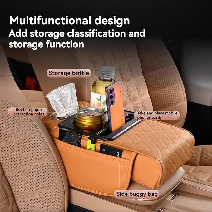 Multifunctional Pu Leather Car Armrest Box Mat, 5-In-1Multifunctional Car Armrest Cushion, Car Arm Rest Cover Pad, Center Console Organizer with Cup Holder, Tissue Box & Phone Slot (Coffee)