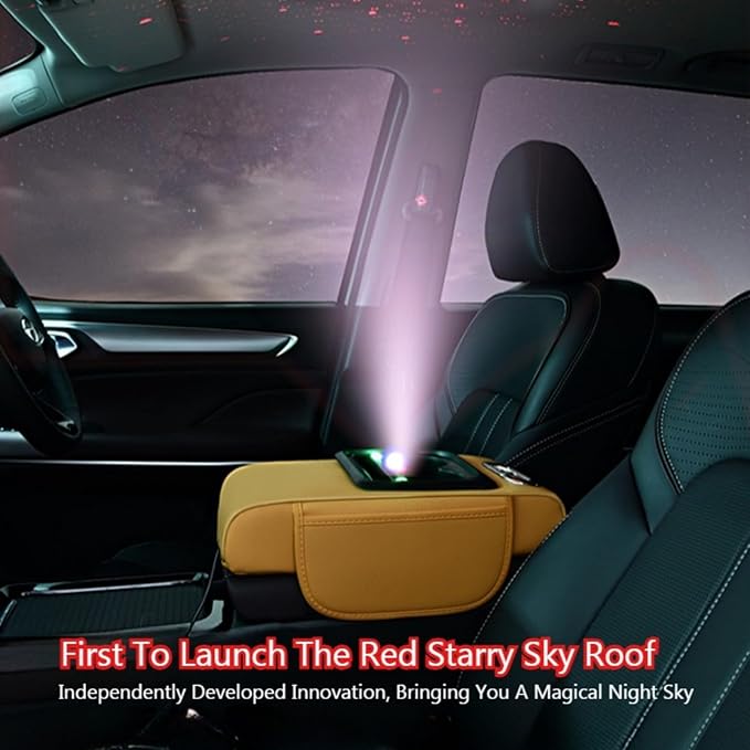 Car Armrest Pad Cover with Red Starry Sky LED Projection, Dual Type-C Charging Ports, Leather Car Center Console Cushion with Cup Holder, Tissue Holder (Red Starry Sky LED Projection, Beige)
