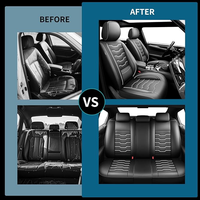 Fit CRV Car Seat Covers Premium Leather for Honda CRV cr-v 2011-2025 2026. Waterproof， Breathable, Scratch-Resistant & All-Weather Seat Cushion Protector (Full Set,White Line Black)