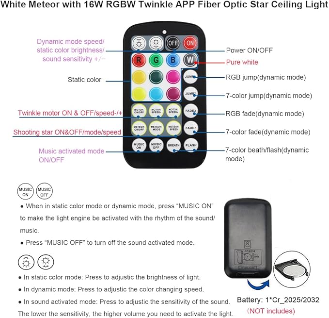 AKEPO 16W RGBW APP Small Size Twinkle Meteor Fiber Optic Lights, Music Activated 650pcs 0.03in 13.1ft/4m Optical Fiber Star Ceiling Light Kit for Car Headliner Star/Home