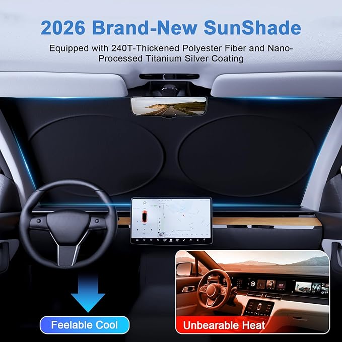 PEMOTech Windshield Sun Shade with Storage Pouch, Thickened Titanium Silver Coating Overlapping Car Window Shades, Blocks 99% Rays & Keeps Interior Cool, Rear View Mirror Compatible(59x31 inches)