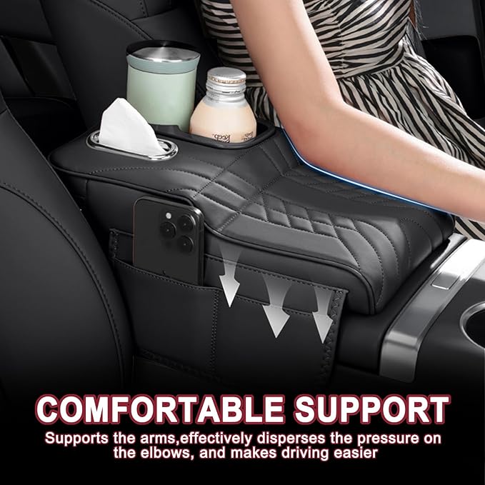 Car Armrest Storage Box for Cadillac SRX 2004–2016 2013 2014 2015, Sport-Style Center Console Organizer with Side Pocket, PU Leather Armrest Cushion, Elbow Support Pad,B White