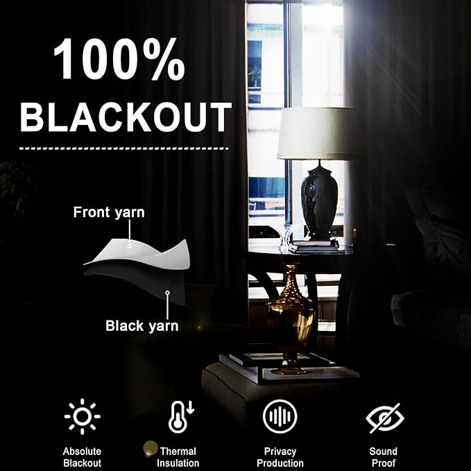 XWZO 100% Blackout Curtains 2 Panels with Tiebacks- Heat and Full Light Blocking Window Treatment with Black Liner for Bedroom/Nursery, Grommet Top, White, W52 x L84 Inches Long, Set of 2