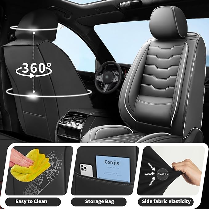 Fit Sonata Car Seat Covers Premium Leather for Hyundai Sonata 2007-2025 2026. Waterproof， Breathable, Scratch-Resistant & All-Weather Seat Cushion Protector（Full Set,White Line Black