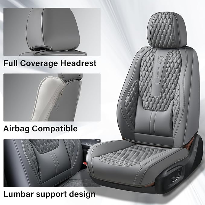 Coverado Car Seat Covers Full Set, Nappa Leather Seat Covers for Car, Waterproof Car Seat Protector with Lumbar Support, Automotive Seat Covers Universal Fit for Most Cars SUV Trucks (Gray)