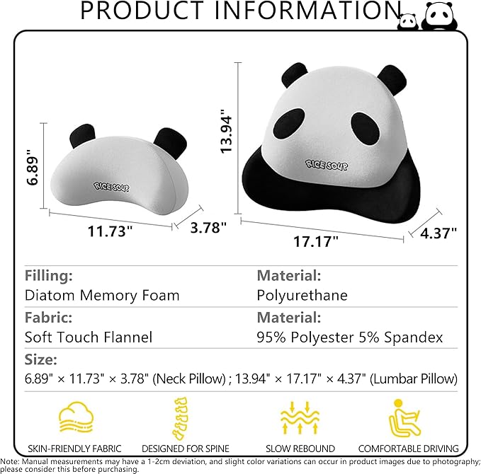 Cute Panda Car Neck Pillow & Lumbar Support Memory Foam Cushion for Driving Adjustable Headrest Waist Pillow for Most Seats (Black, Headrest)
