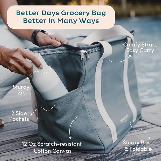 Nook Theory Reusable Insulated Grocery Bag - Leak Proof, X Large Cooler Bag - Insulated Shopping Bags for Groceries - Travel Cooler Bag for Frozen and Hot Food with Zippered Top (Deep Blue)