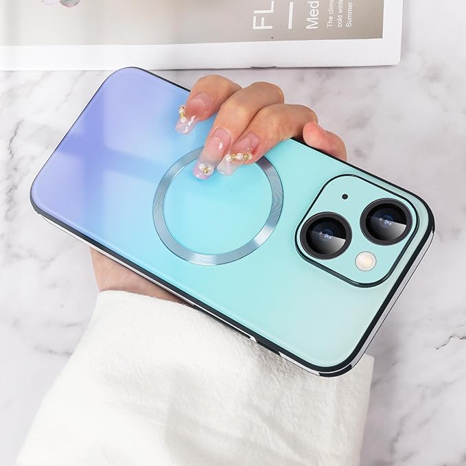 Guppy Compatible with iPhone 15 Plus Case Magnetic, with Full Camera Lens Protector [Compatible with MagSafe] Scratch Resistant Gradient Glass Back Cover Phone Case-Blue