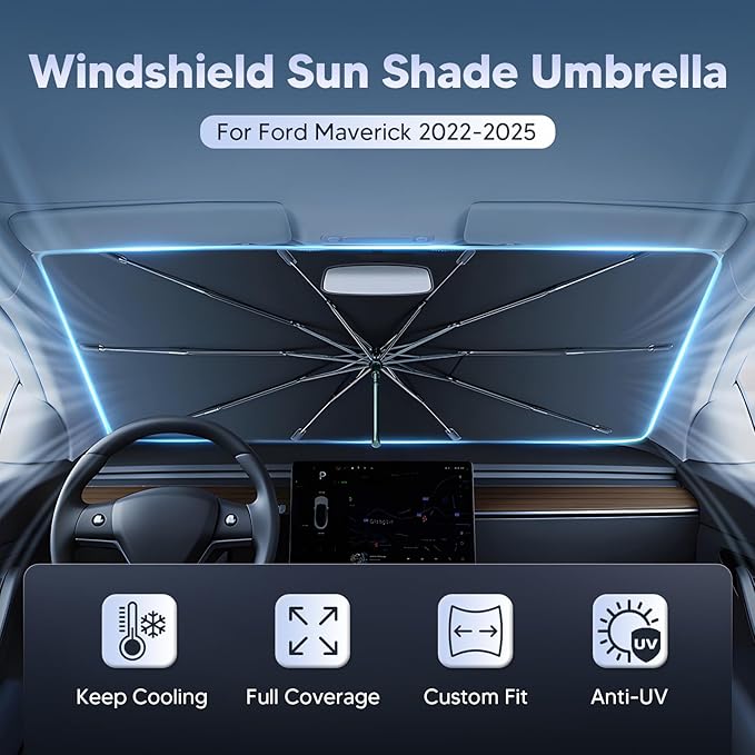 Autorder Windshield Sun Shade Umbrella for 2022-2026 Ford Maverick Accessories,Upgraded Ice Crystal Material,Easy Setup Umbrella Sunshade for Car Windshield,100% Sun Blocking