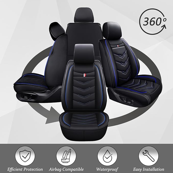 Car Seat Cover 6 Seats for Ford Explorer 2000-2026, Waterproof Durable Compatible Airbag, Premium Leather Seat Protector(6 Seats Luxury,Black Blue)