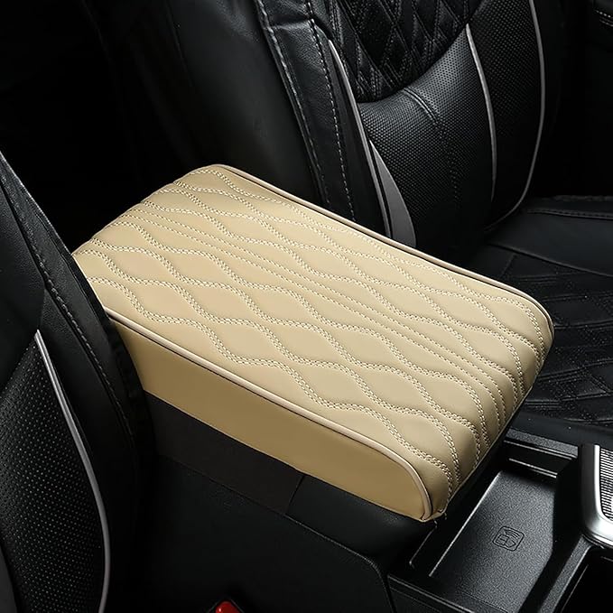 Leather Car Armrest Box Pad for Tesla Cybertruck 2023 2024, Memory Foam Car Center Console Cover Comfort Waterproof Arm Rest Cushion Pad Universal Accessories,C/Beige