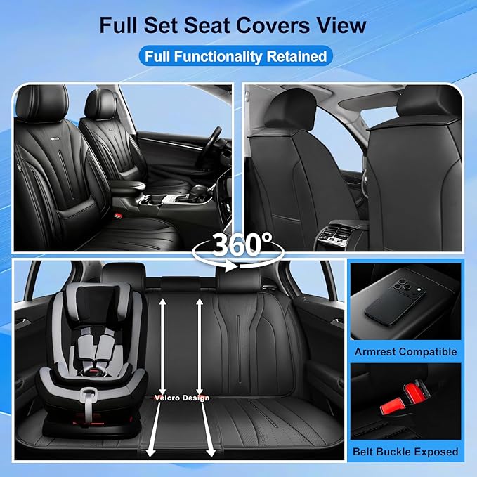 Fit Accord Car Seat Covers for Select Honda Accord 2012-2026 - Premium Full Coverage Leather, Airbag Compatible, Waterproof & All Weather Seat Cushion Protector, Full Set, Black
