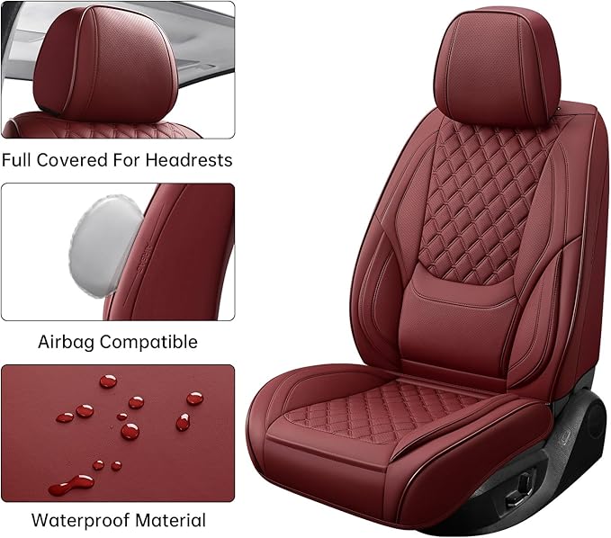 Car Seat Covers Front Seats Burgundy, Luxury Faux Leather Women Waterproof Non-Slip Seat Protector Universal Fit for Most Cars SUVs Trucks Pick-ups Car Accessories Interio(Wine Red-Front Seats)