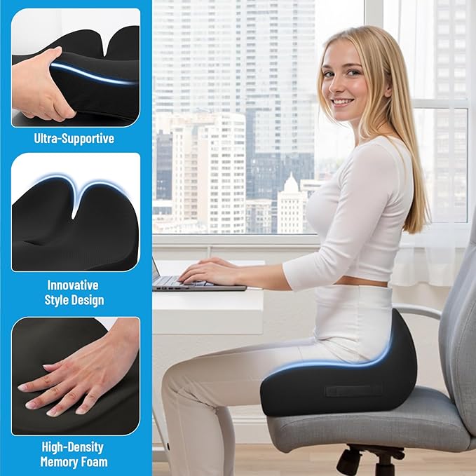 Memory Foam Seat Cushion for Office Chair, Ergonomic Coccyx Cushion for Desk Chair, Tailbone Support Pillow for Long Sitting, Non-Slip Seat Pad for Home, Car, Gaming Chair (Black, X-Large)