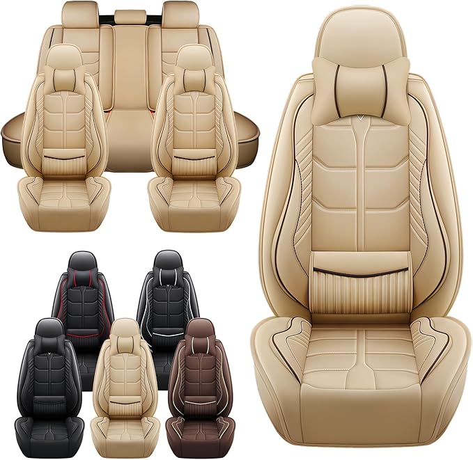 Leather Car Seat Covers Fit for Toyota Highlander 2001-2024, 5 Seater Car Seat Cover, Premium Waterproof, Scratch Resistant Car Interior Accessories (Full Set with Pillow Beige)
