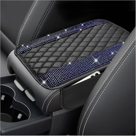 Sun Walker Bling Car Center Console Cover, Anti-Scratch Car Armrest Seat Box Cushion Pad with 2 Storage Bags, Leather Middle Console Protector Crystal Interior Accessories for Most Cars (Blue)
