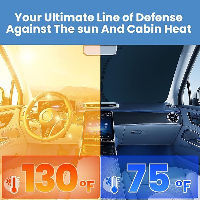 Windshield Sun Shade for Toyota Tacoma 2016-2023 2024 2025 – Custom Fit Sun Shield with Mirror Cut‑Out, Blocks Heat & UV, Foldable with Storage Pouch - Toyota Tacoma Windshield Sunshade
