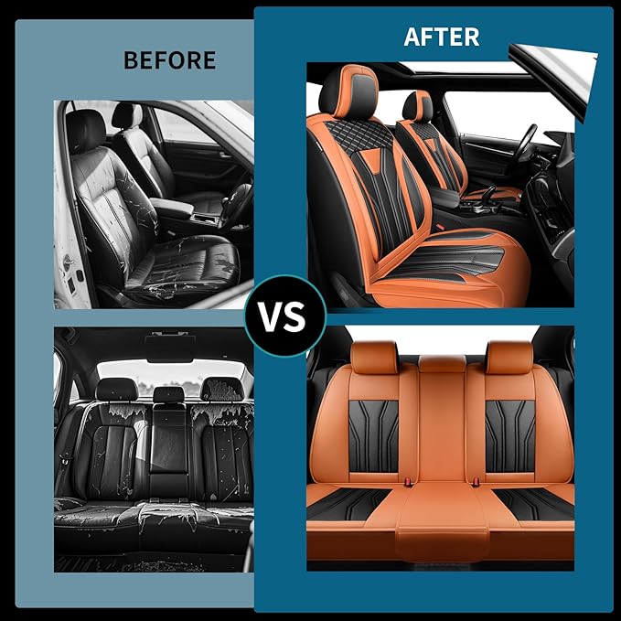 Fit Kona Car Seat Covers for Select Hyundai Kona 2018-2025 2026. Premium Leather, Waterproof， Breathable, Scratch-Resistant & All-Weather Seat Cushion Protector (Full Set, Orange&Black)