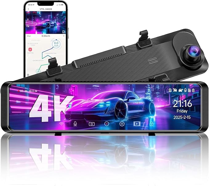 4K Rear View Mirror Camera, 12'' Mirror Dash Cam, 4K/2.5K Backup Camera for Car, WiFi/GPS Dash Cam Front and Rear with 32GB Card, APP, Voice Control, WDR Night Vision, Reverse Assist (Black)