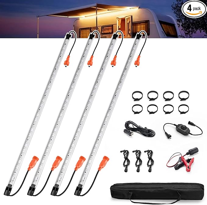FIERYRED 12V Interior Light Bar Kit, Dimmable Camping Lights, Weatherproof IP67, Aluminum Magnetic Mount with Dimmer Switch, Portable Lights for Camping Tent Awning RV Car Trailer Boat (4 Pcs, Amber)