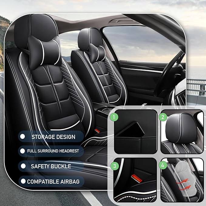 Leather Car Seat Covers Fit for Toyota Yaris 2007-2020, 5 Seater Car Seat Cover, Premium Waterproof, Scratch Resistant Car Interior Accessories (Full Set with Pillow Black White)