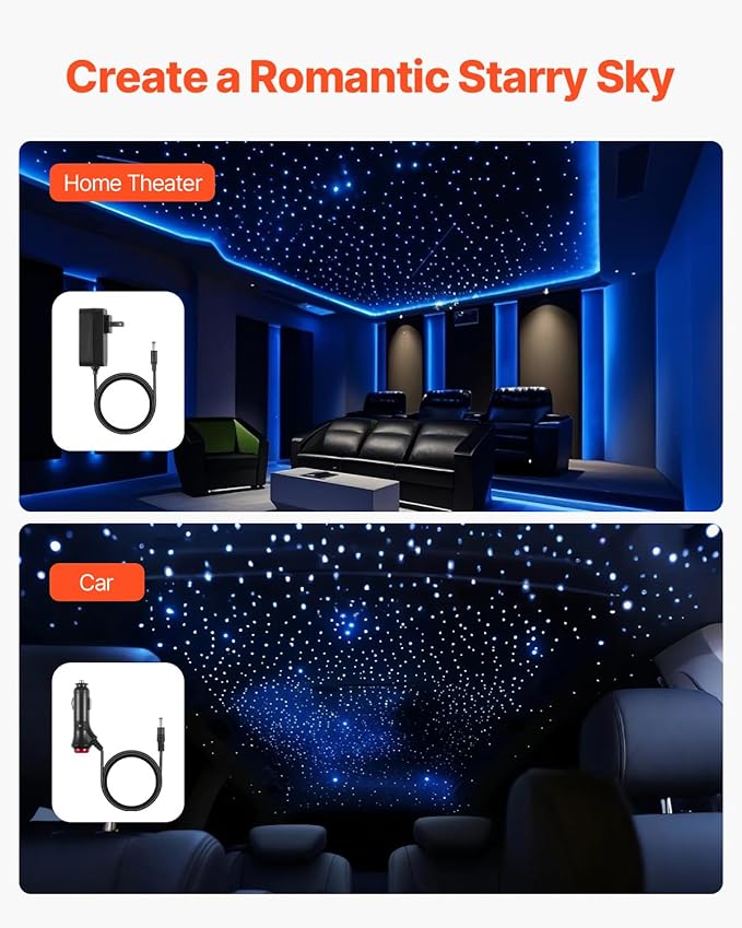 VEVOR 16W Starlight Headliner Kit, 550pcs*0.03in*9.8ft, Twinkle Fiber Optic Star Ceiling Lights for Car Roof, Remote Control, Bluetooth APP, Sound Activated, RGBW Light Engine, for Home Bed Room Decor