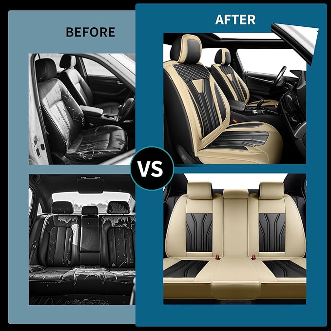 Fit Kona Car Seat Covers for Select Hyundai Kona 2018-2025 2026. Premium Leather, Waterproof， Breathable, Scratch-Resistant & All-Weather Seat Cushion Protector (Front Pair, Beige&Black)