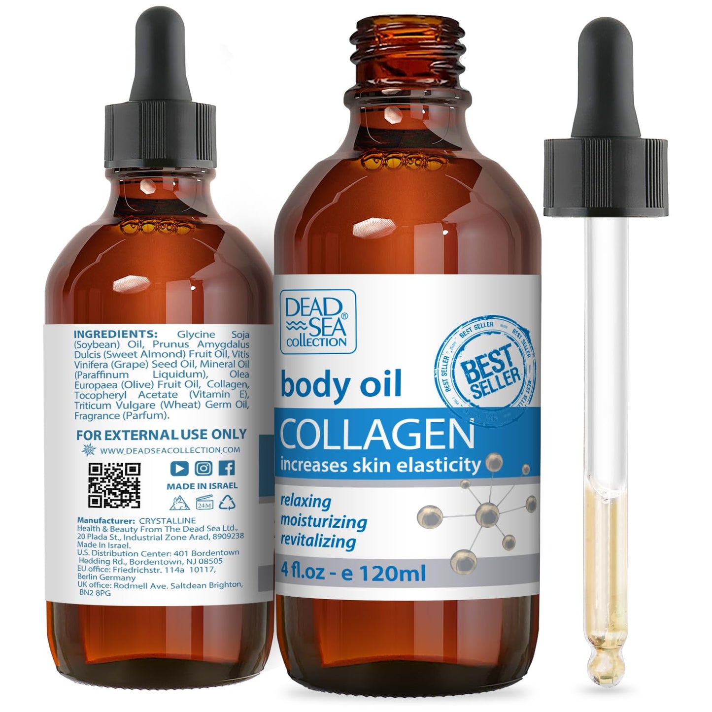 Dead Sea Collection Body Oil for Dry Skin - Collagen & Vitamin E - Moisturizing & Nourishing, Anti-Aging & Skin Elasticity Support for Face (4 Fl. Oz Each)