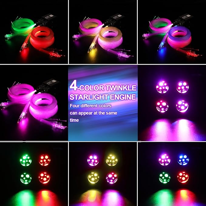 36W 4-Color RGBW Car Starlight Headliner Kit, 1100pcs0.03in13.1ft, Twinkle & Sound Activate 4-Port Fiber Optic Light Engine with Bluetooth APP&Remote Control, Star Lights for Car and Home
