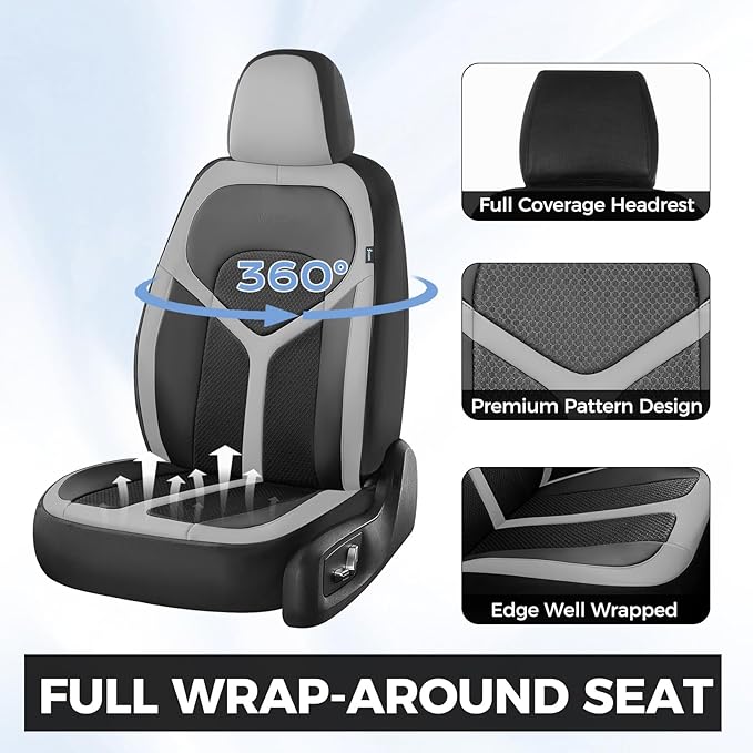 FLORICH Car Seat Covers Full Set, Universal Seat Cover 5 Seats, Automotive Seat Covers with Mesh Leather, Waterproof Car Seat Protector, Breathable Car Seat Cushion for Most Car SUV Truck, Gray