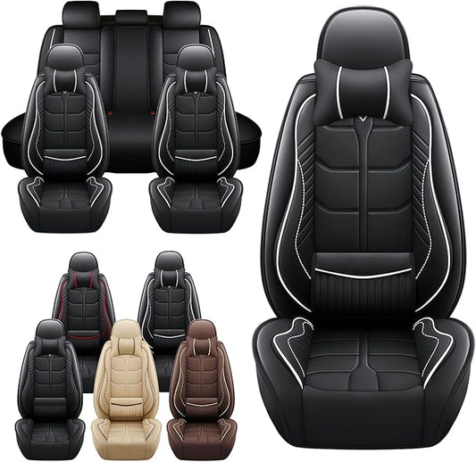 Leather Car Seat Covers Fit for Toyota Prius Prime 2017-2024, 5 Seater Car Seat Cover, Premium Waterproof, Scratch Resistant Car Interior Accessories (Full Set with Pillow Black White)